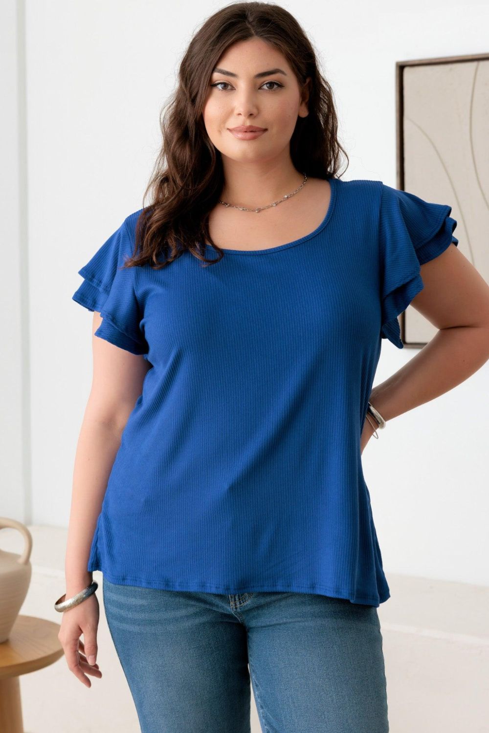 Gilli Plus Size Short Fluttery Sleeve Round Neck Top - UrbanEthereal
