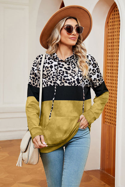 Leopard Drawstring Hoodie with Pocket