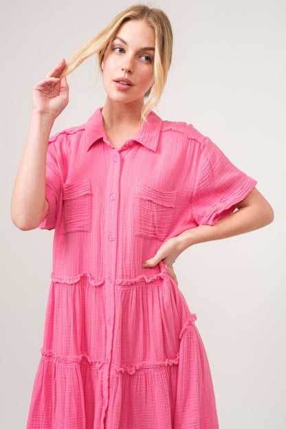 And The Why Full Size Raw Edge Washed Tiered Shirt Dress - UrbanEthereal