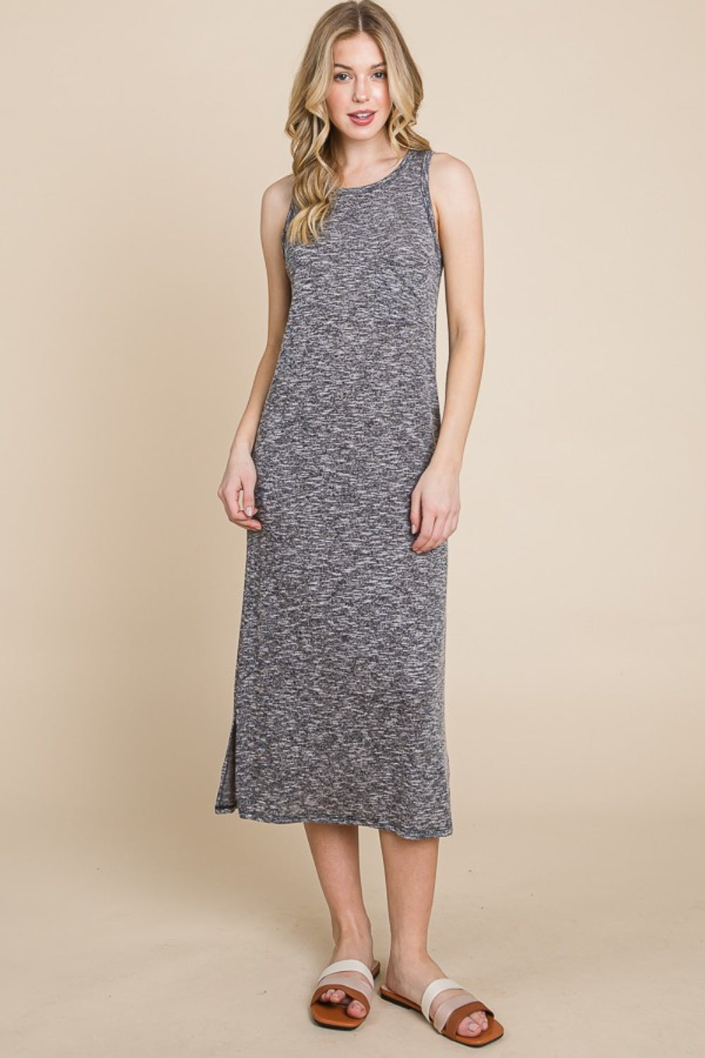 BOMBOM Round Neck Slit Midi Tank Dress - UrbanEthereal