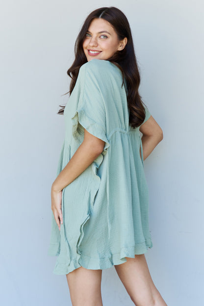 Ninexis Out Of Time Full Size Ruffle Hem Dress with Drawstring Waistband in Light Sage - UrbanEthereal