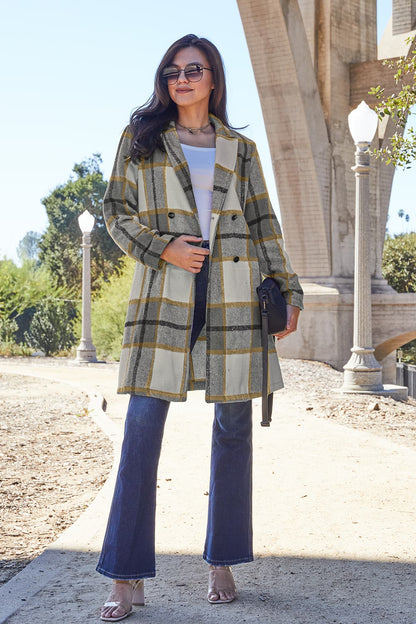 Double Take Full Size Plaid Button Up Lapel Collar Coat - UrbanEthereal
