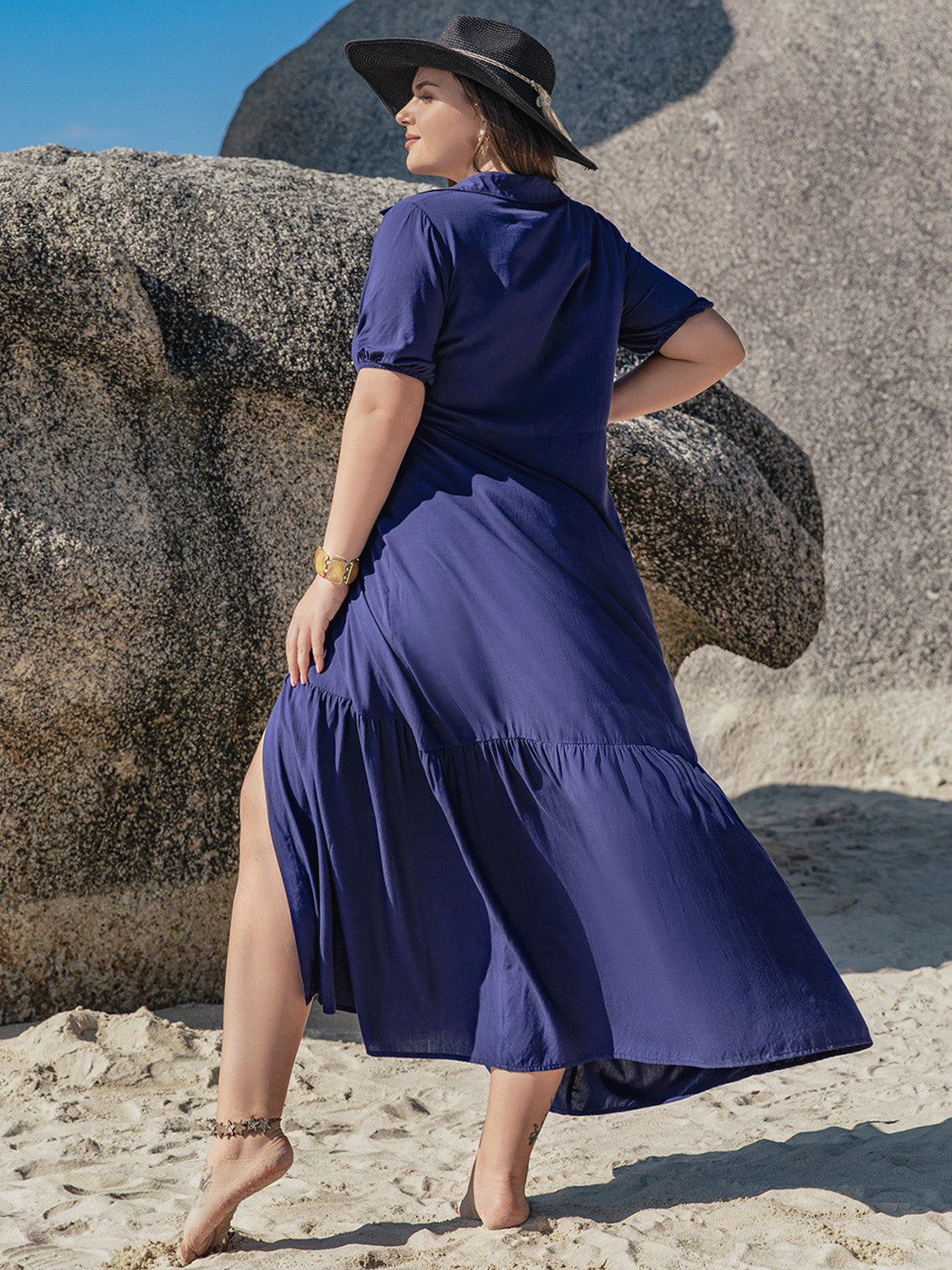 Plus Size Collared Neck Short Sleeve Midi Dress - UrbanEthereal