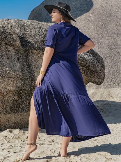 Plus Size Collared Neck Short Sleeve Midi Dress - UrbanEthereal