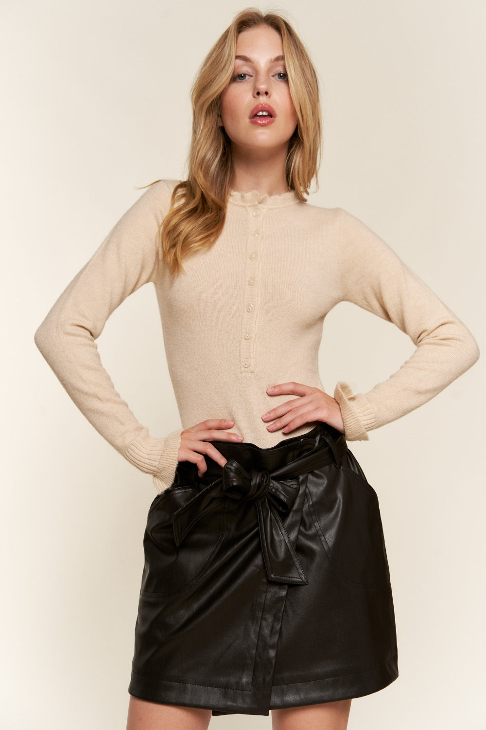 And The Why Half Button Round Neck Long Sleeve Bodysuit - UrbanEthereal