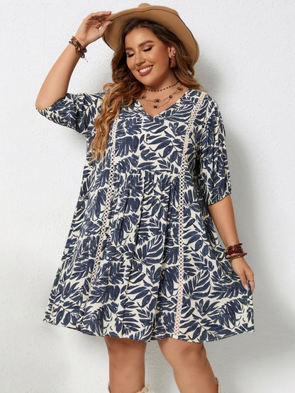 Plus Size Printed V-Neck Half Sleeve Mini Dress - UrbanEthereal