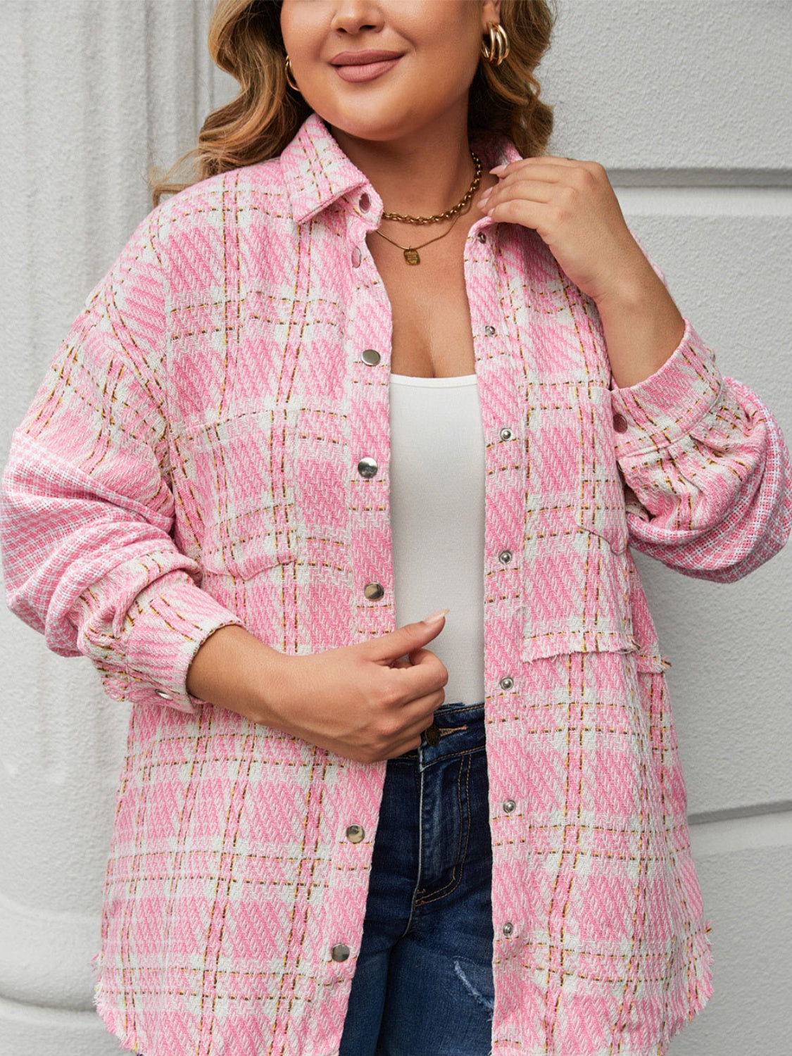 Plus Size Plaid Pocketed Snap Down Jacket - UrbanEthereal