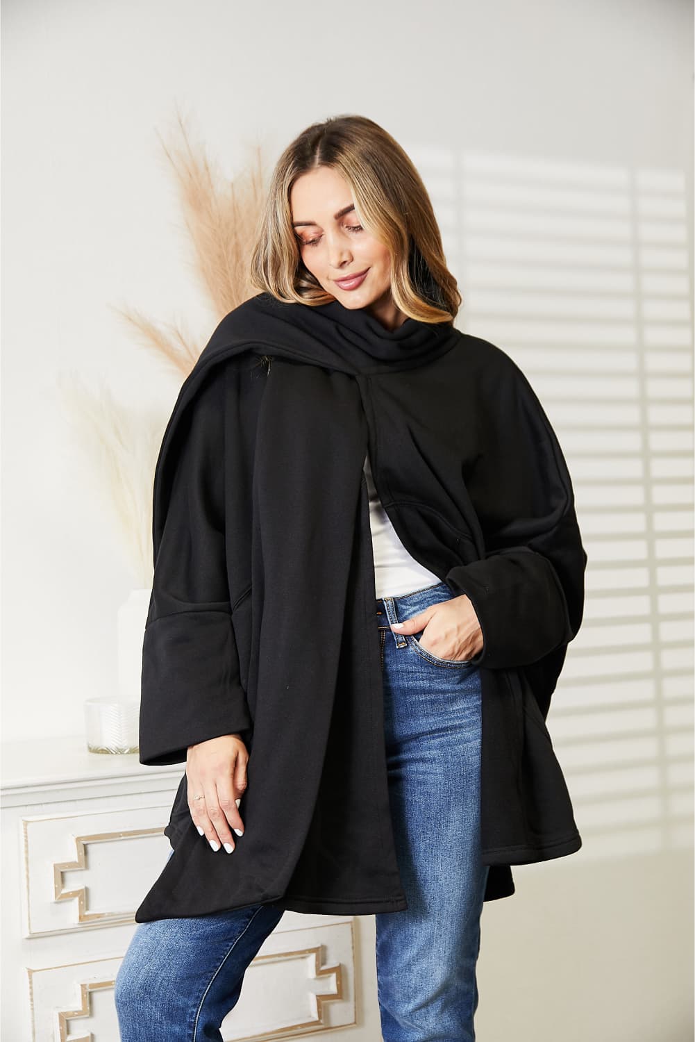 HEYSON Full Size Open Front Cardigan with Scarf Design - UrbanEthereal