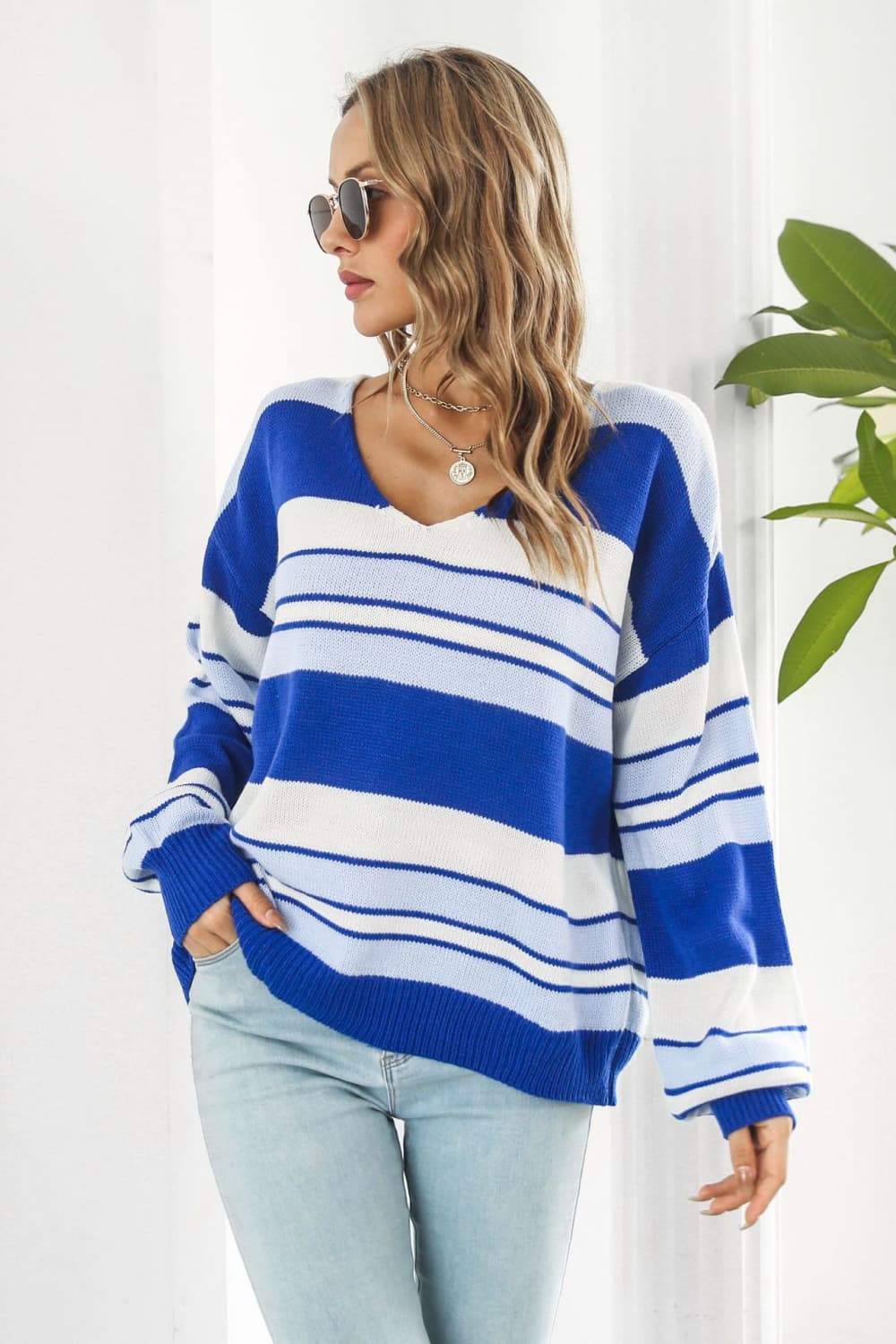 Striped V-Neck Dropped Shoulder Sweater