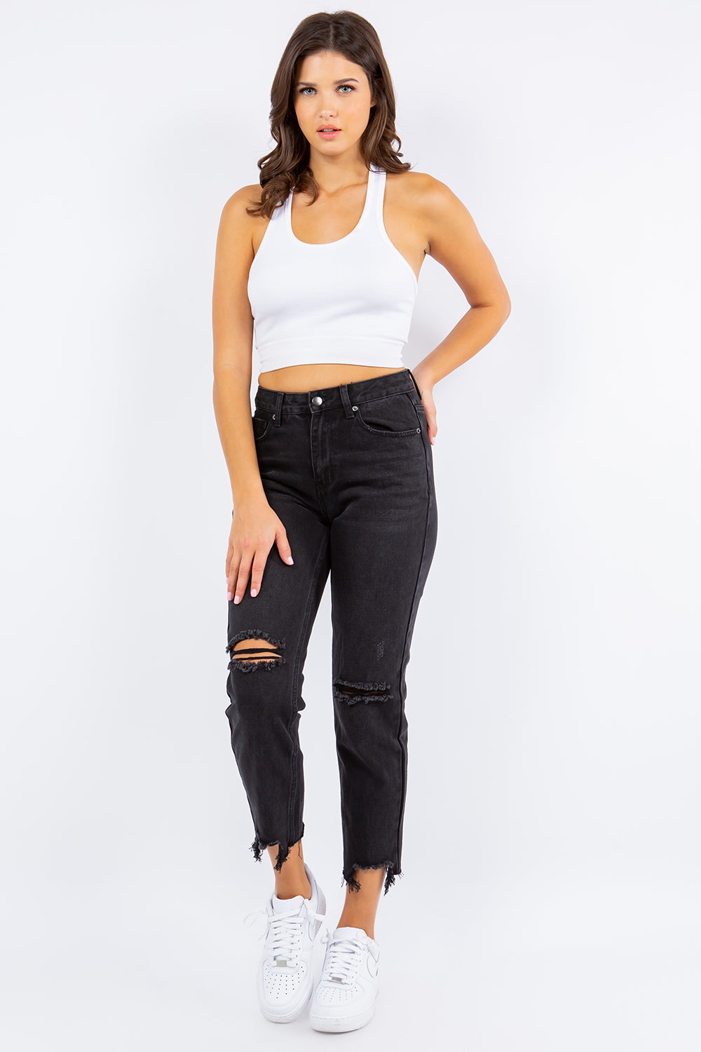 American Bazi High Waist Distressed Cropped Straight Jeans - UrbanEthereal