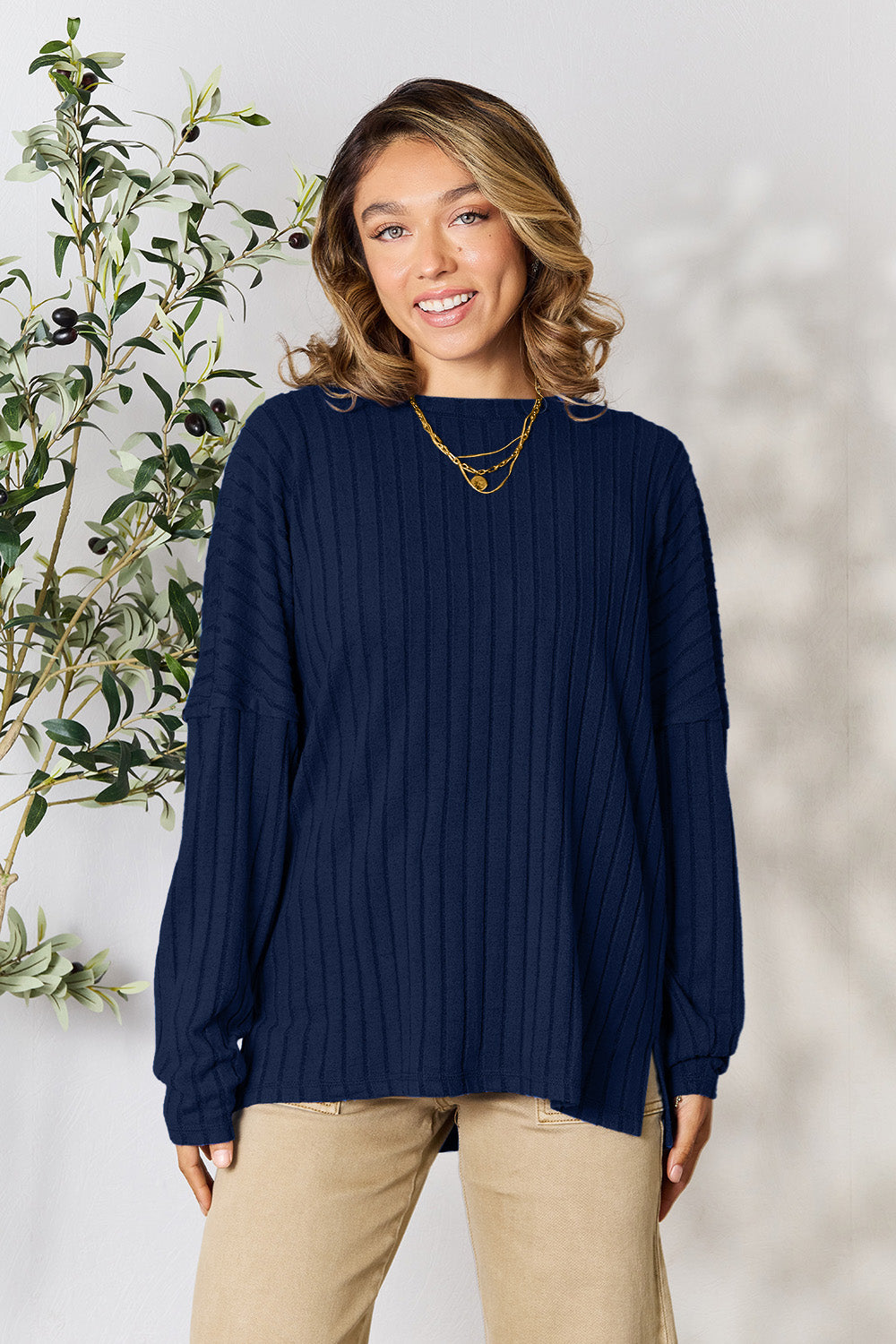Basic Bae Full Size Ribbed Round Neck Slit Knit Top - UrbanEthereal