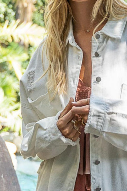 POL Button Down Raw Hem Distressed Shacket - UrbanEthereal