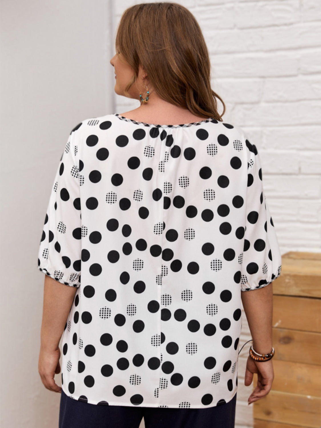 Plus Size Polka Dot Round Neck Half Sleeve Blouse - UrbanEthereal