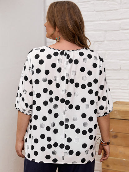 Plus Size Polka Dot Round Neck Half Sleeve Blouse - UrbanEthereal