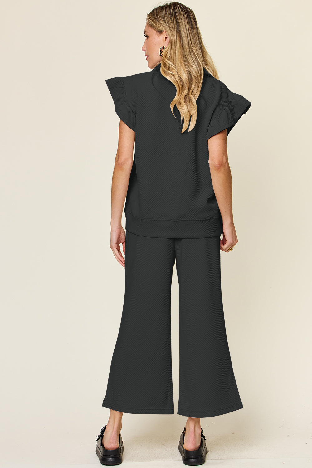 Double Take Texture Ruffle Short Sleeve Top and Drawstring Wide Leg Pants Set - UrbanEthereal