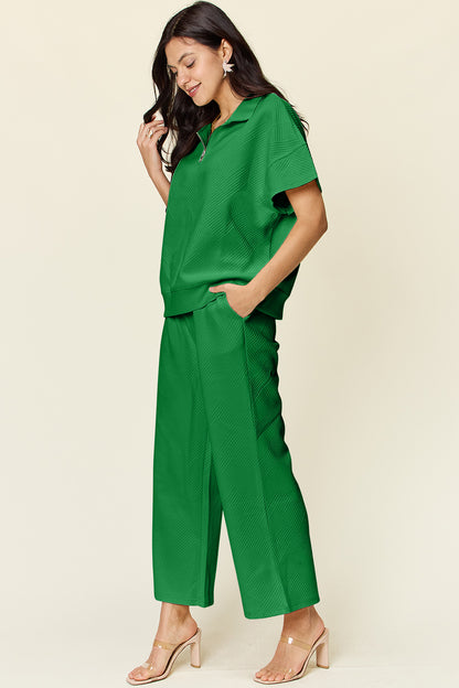 Double Take Full Size Texture Half Zip Short Sleeve Top and Pants Set - UrbanEthereal