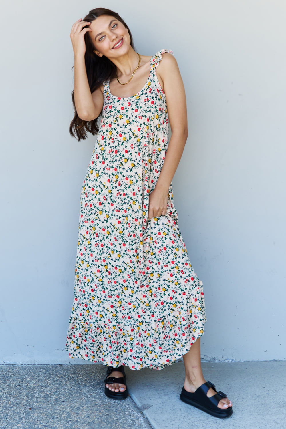 Doublju In The Garden Ruffle Floral Maxi Dress in Natural Rose - UrbanEthereal