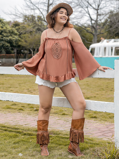 Plus Size Frill Square Neck Long Sleeve Blouse - UrbanEthereal