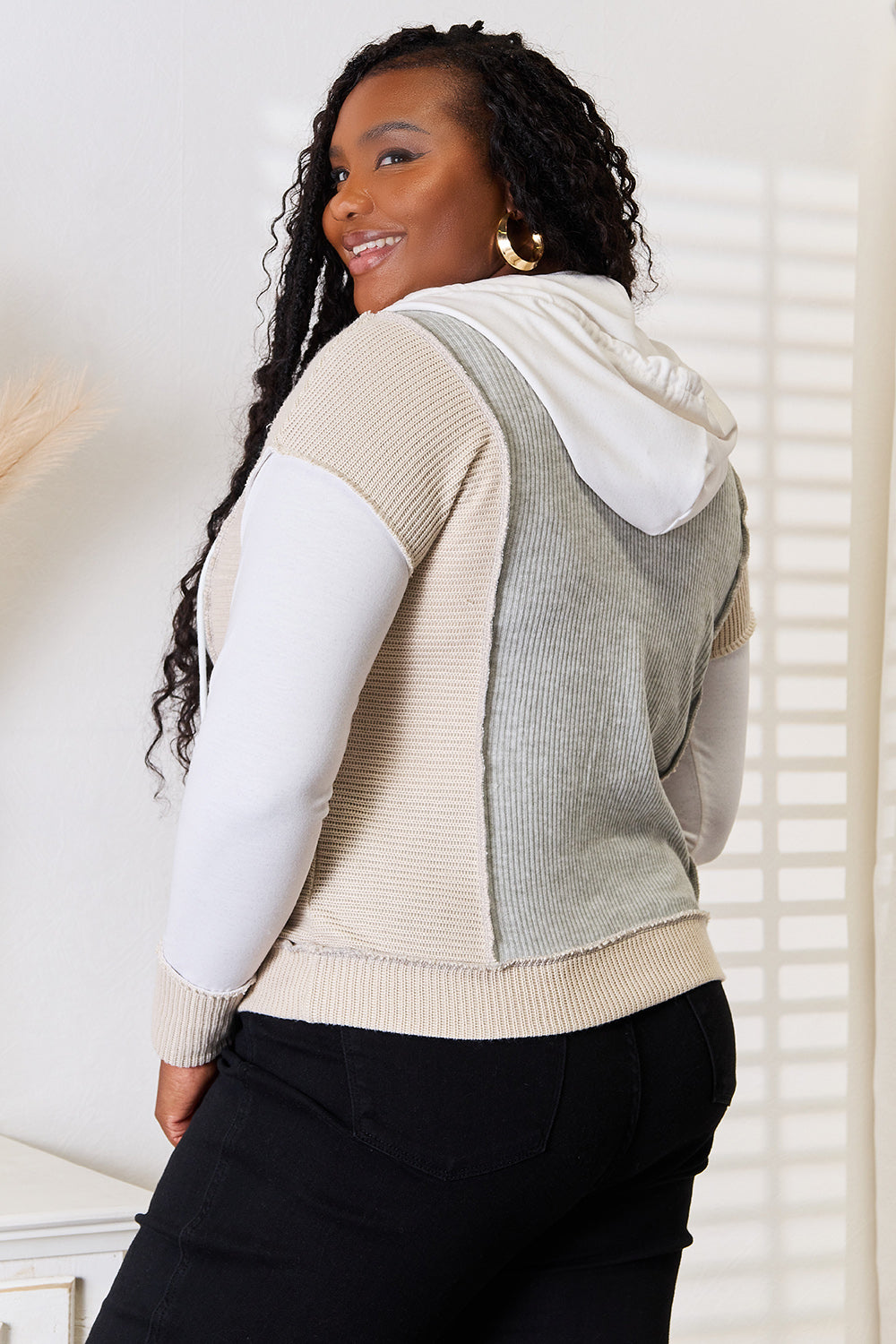 Double Take Color Block Exposed Seam Drawstring Hoodie - UrbanEthereal