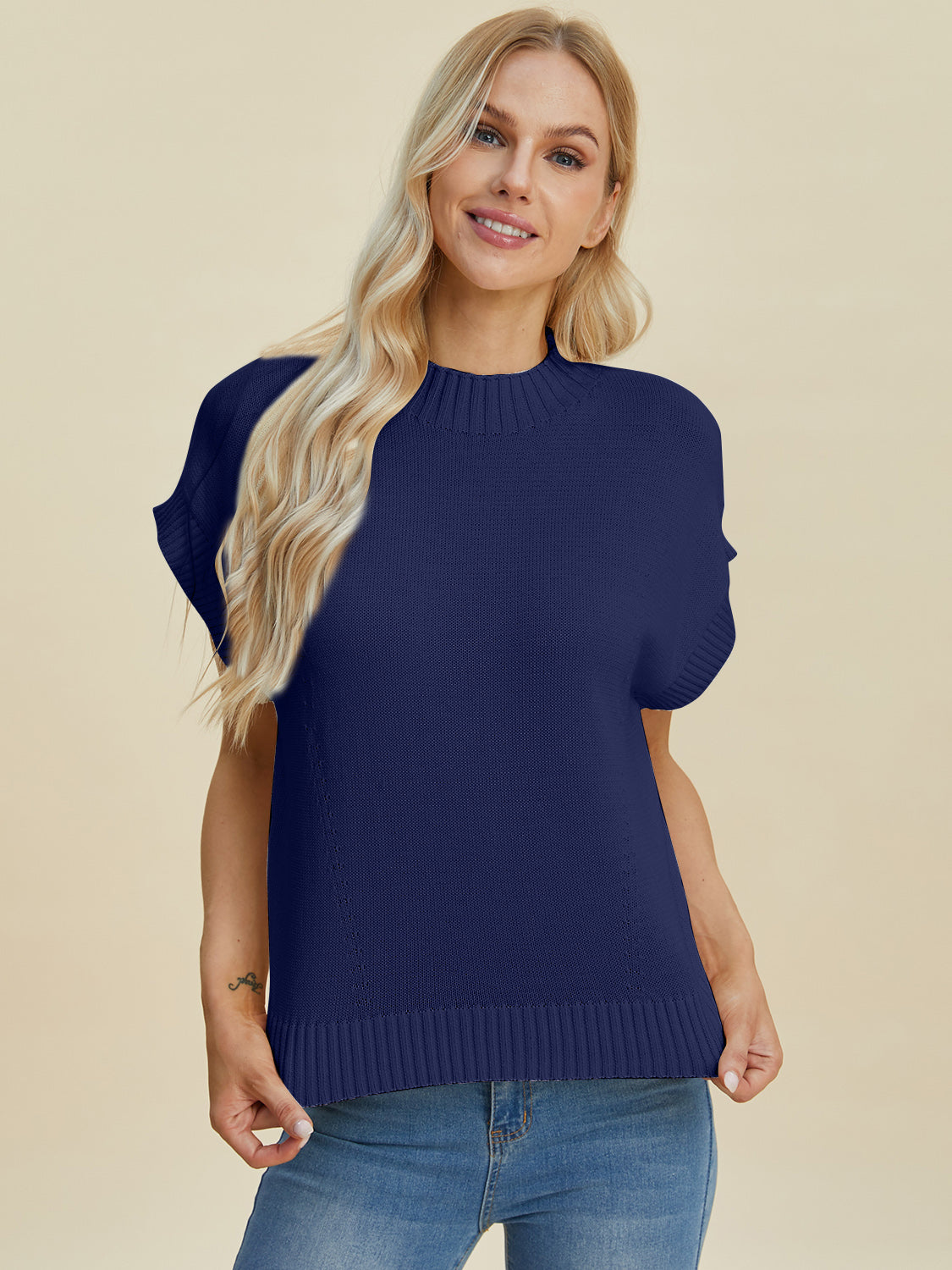 Double Take Full Size Mock Neck Short Sleeve Sweater - UrbanEthereal