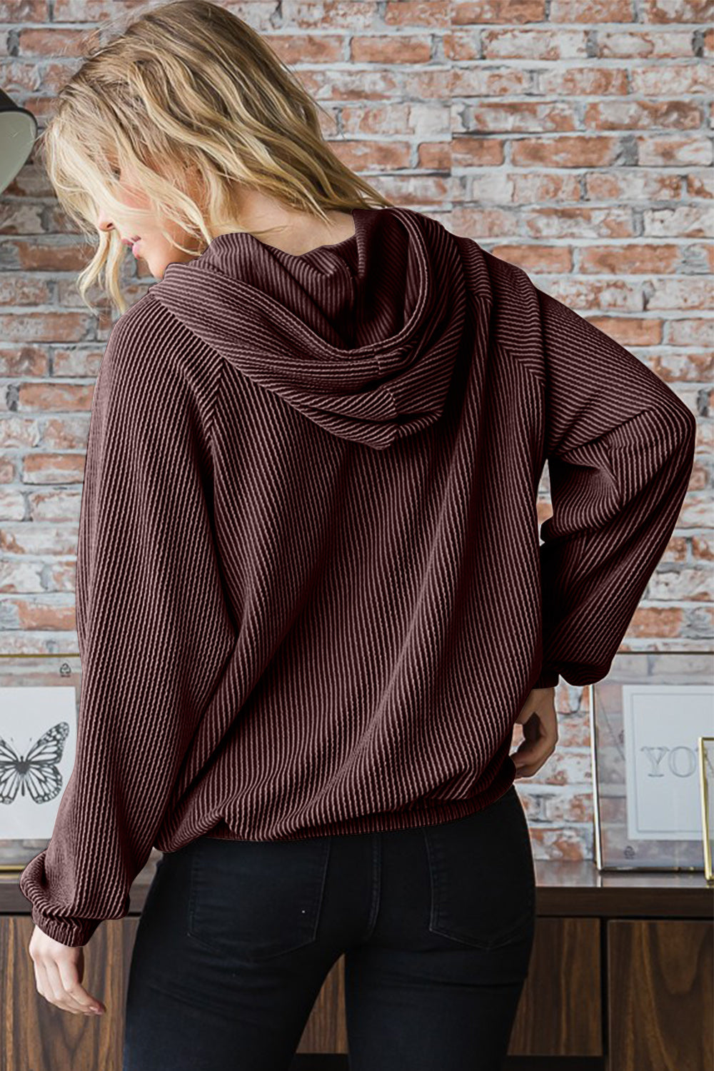 Heimish Ribbed Long Sleeve Hoodie with Kangaroo Pocket - UrbanEthereal