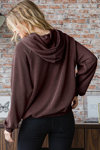 Heimish Ribbed Long Sleeve Hoodie with Kangaroo Pocket - UrbanEthereal