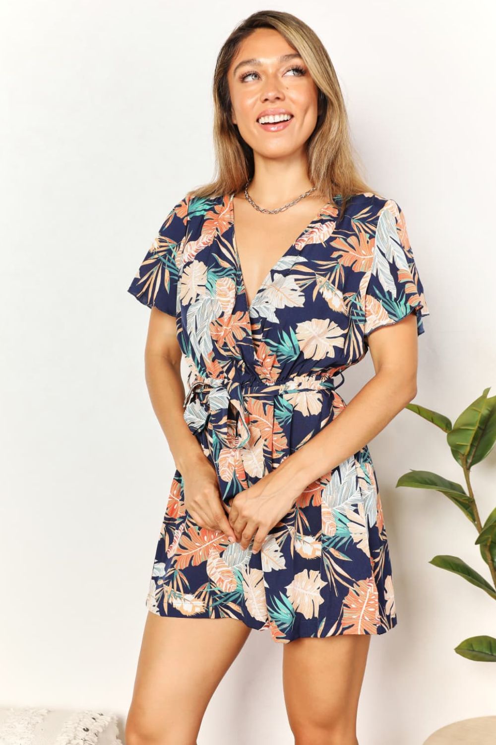 Botanical Print Surplice Neck Tie Waist Romper - UrbanEthereal