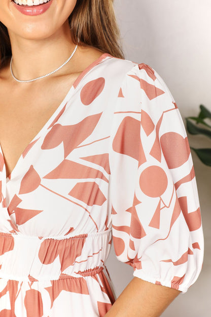 Printed Surplice Balloon Sleeve Dress - UrbanEthereal