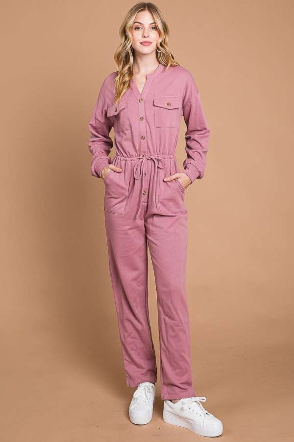 Culture Code Full Size Button Up Drawstring Waist Straight Jumpsuit - UrbanEthereal