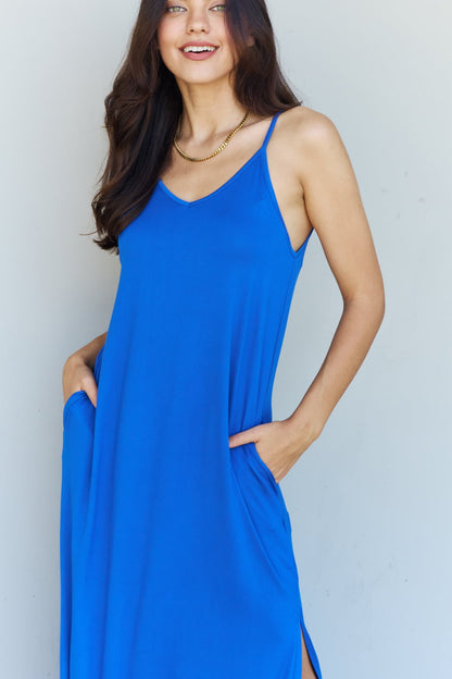 Ninexis Good Energy Full Size Cami Side Slit Maxi Dress in Royal Blue - UrbanEthereal
