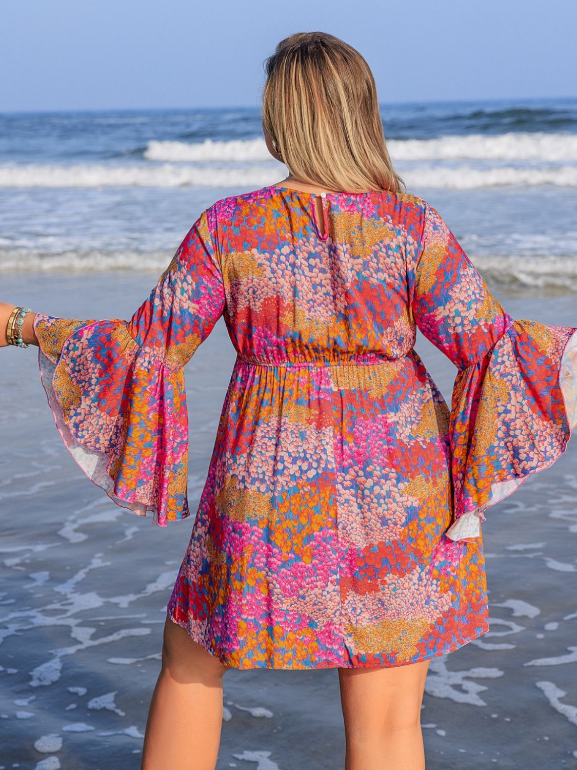 Plus Size Ruched Printed Long Sleeve Dress - UrbanEthereal