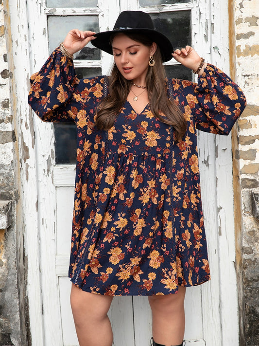 Plus Size Floral V-Neck Balloon Sleeve Dress - UrbanEthereal