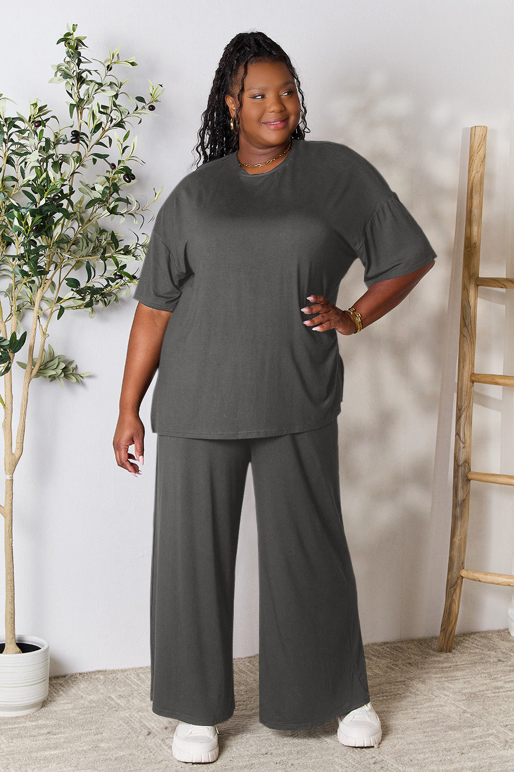 Double Take Full Size Round Neck Slit Top and Pants Set - UrbanEthereal