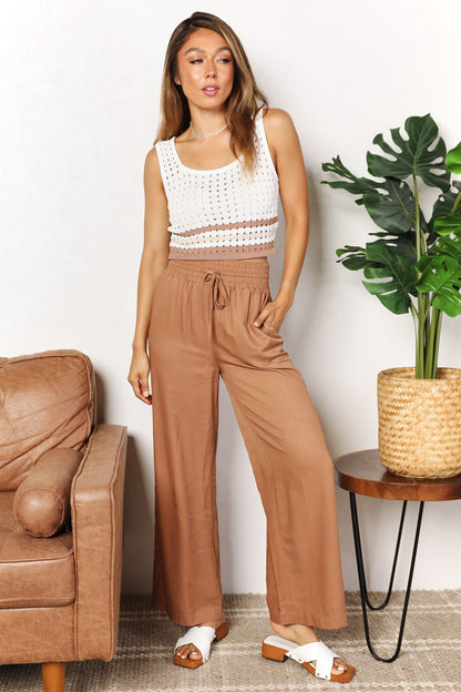 Double Take Drawstring Smocked Waist Wide Leg Pants - UrbanEthereal