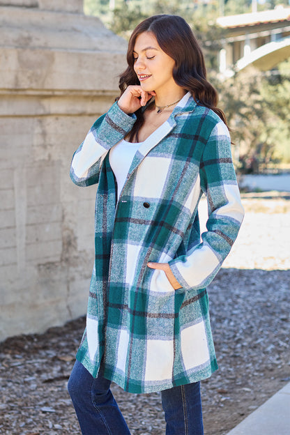 Double Take Full Size Plaid Button Up Lapel Collar Coat - UrbanEthereal