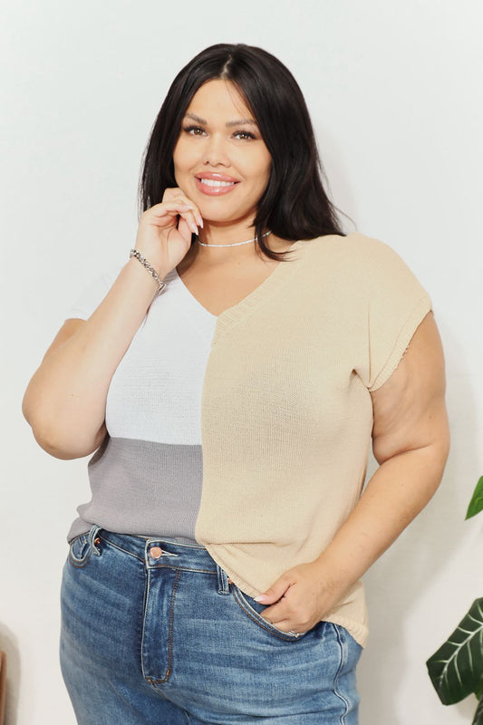 Color Block V-Neck Knit Top - UrbanEthereal