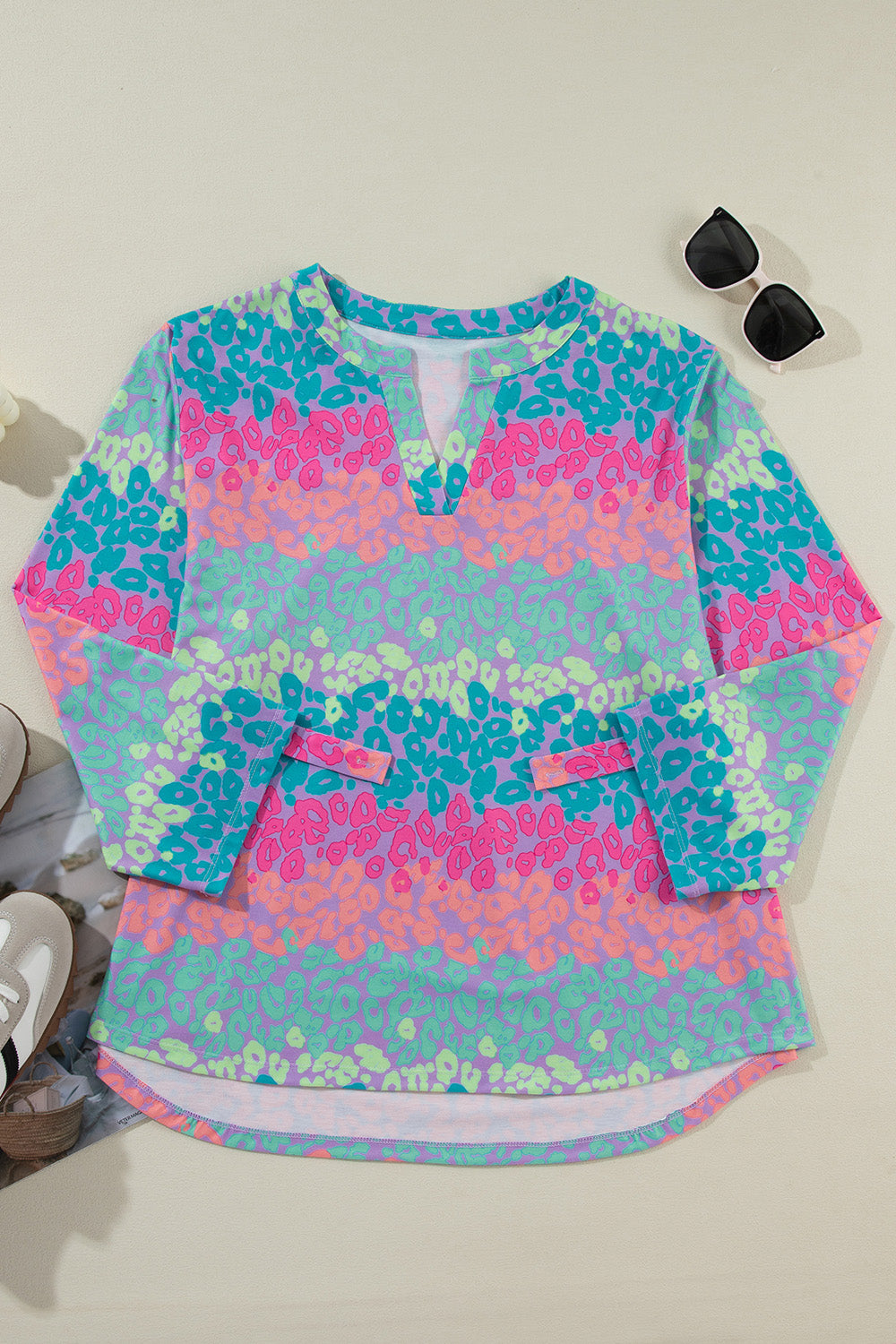 Plus Size Leopard Notched Long Sleeve Blouse - UrbanEthereal