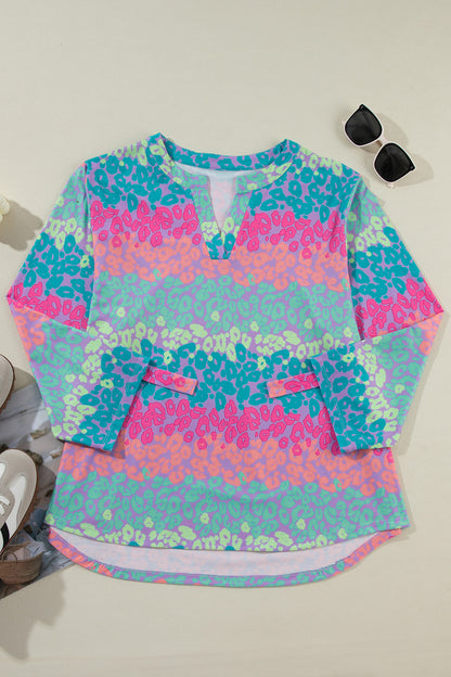 Plus Size Leopard Notched Long Sleeve Blouse - UrbanEthereal