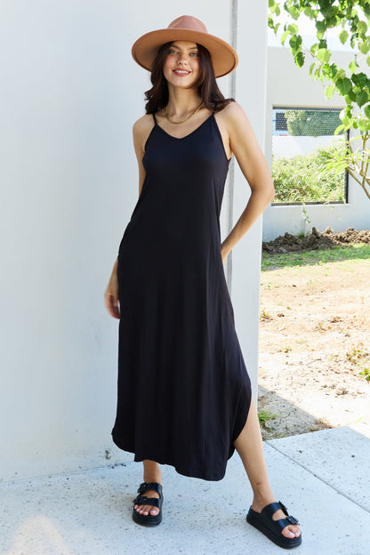 Ninexis Good Energy Full Size Cami Side Slit Maxi Dress in Black - UrbanEthereal