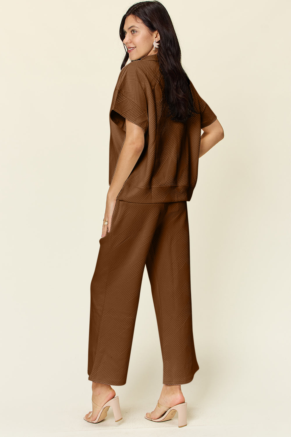 Double Take Full Size Texture Half Zip Short Sleeve Top and Pants Set - UrbanEthereal