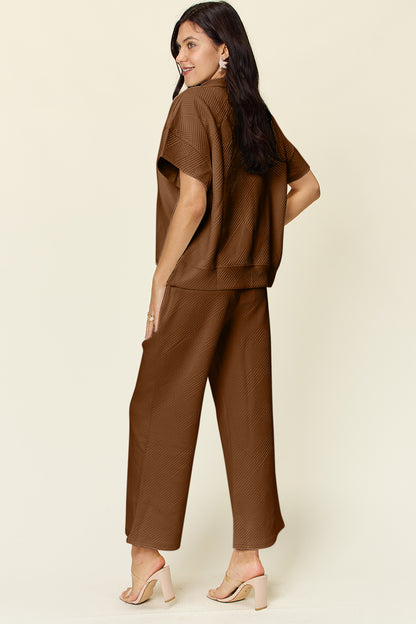 Double Take Full Size Texture Half Zip Short Sleeve Top and Pants Set - UrbanEthereal