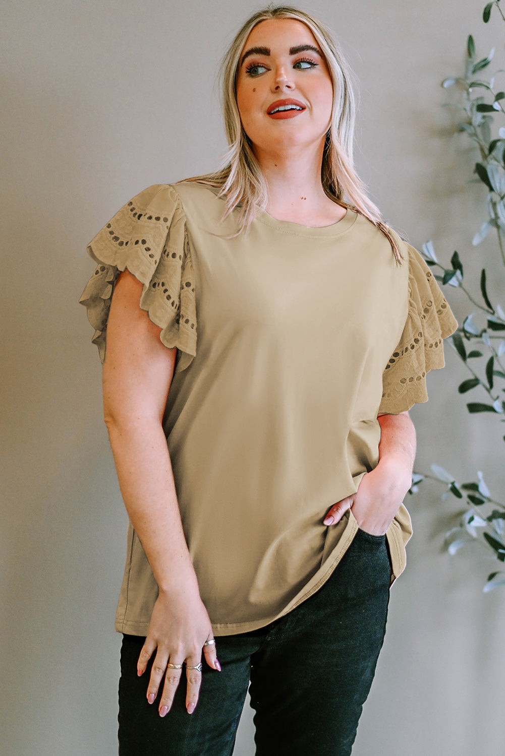 Plus Size Eyelet Round Neck Short Sleeve Blouse - UrbanEthereal