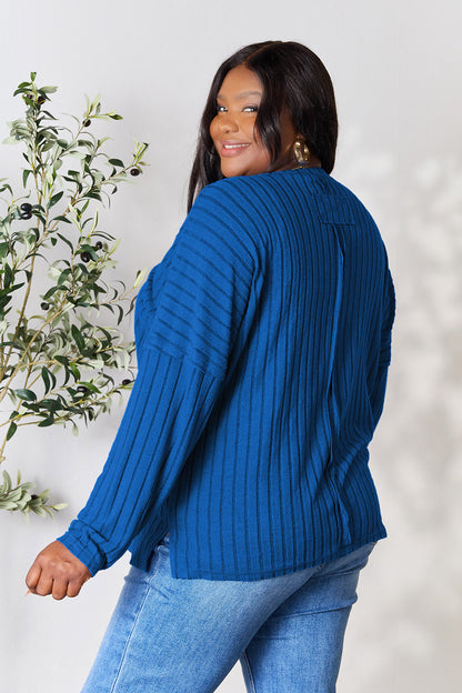 Basic Bae Full Size Ribbed Round Neck Slit Knit Top - UrbanEthereal
