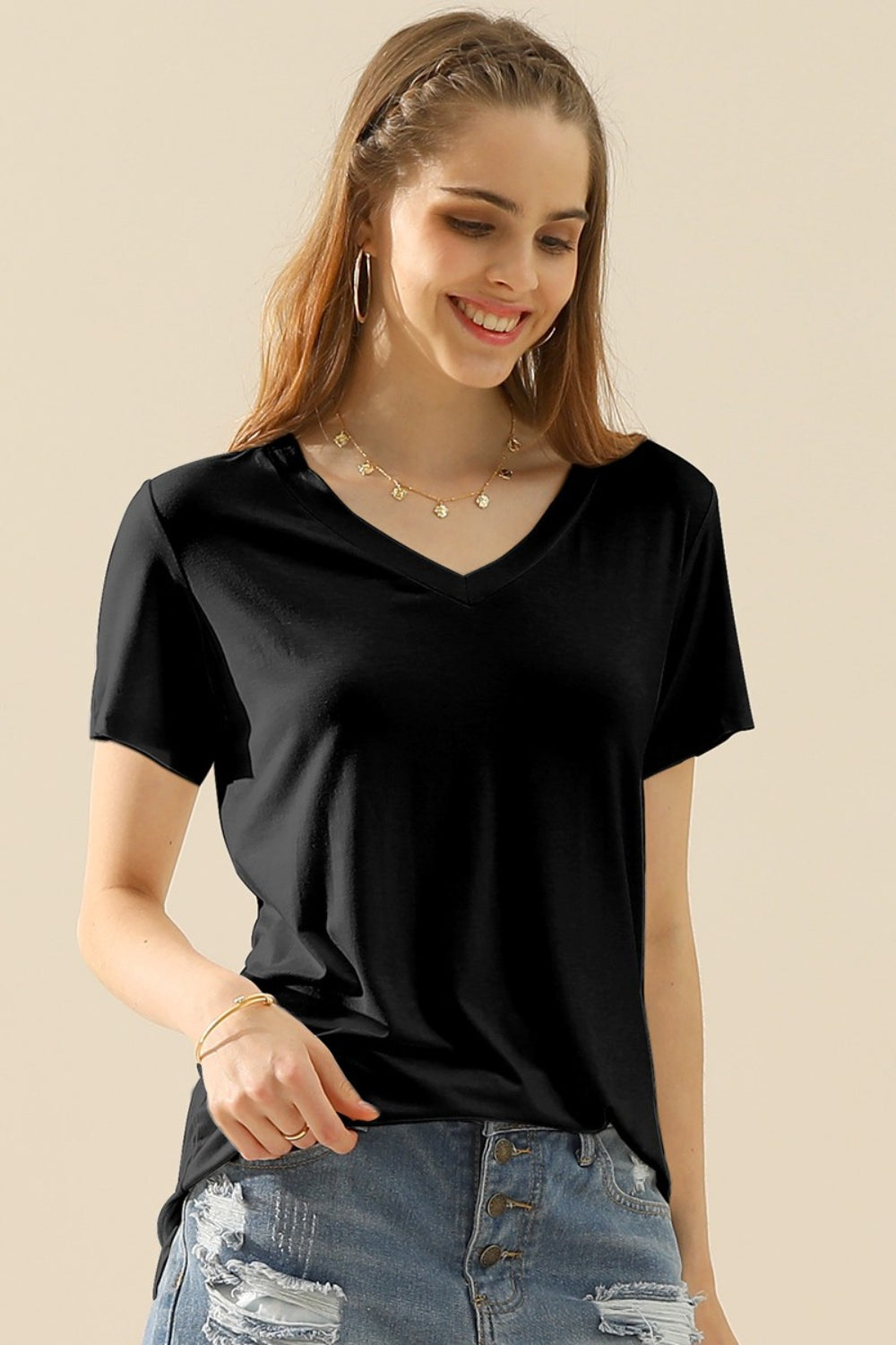 Ninexis Full Size V-Neck Short Sleeve T-Shirt - UrbanEthereal