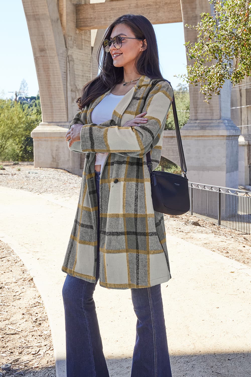 Double Take Full Size Plaid Button Up Lapel Collar Coat - UrbanEthereal