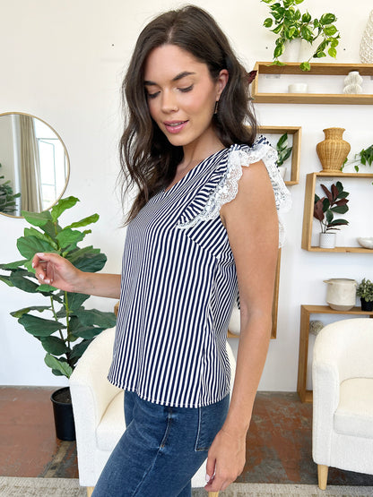 Lace Detail Ruffled Striped V-Neck Cap Sleeve Blouse - UrbanEthereal