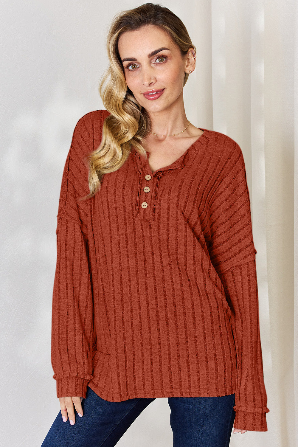 Basic Bae Full Size Ribbed Half Button Long Sleeve T-Shirt - UrbanEthereal