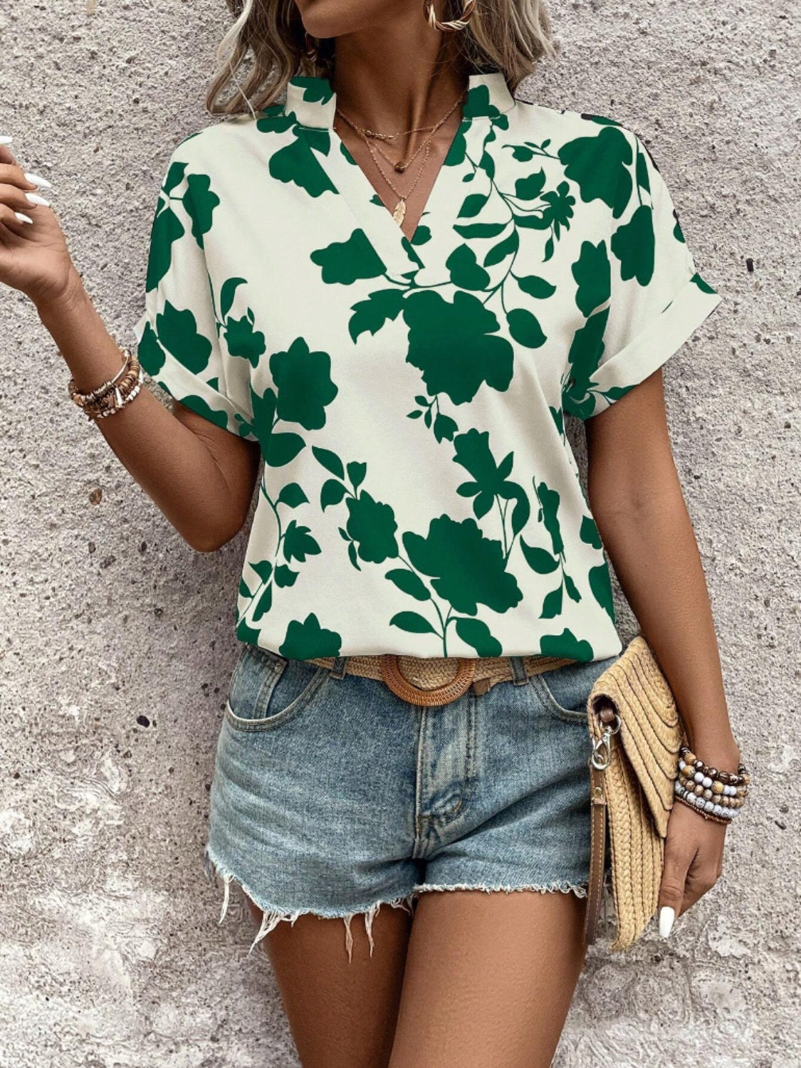 Flower Notched Short Sleeve Blouse - UrbanEthereal