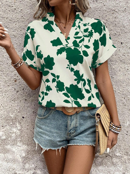 Flower Notched Short Sleeve Blouse - UrbanEthereal