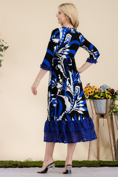 Celeste Full Size Paisley Print Lace Ruffled Midi Dress - UrbanEthereal